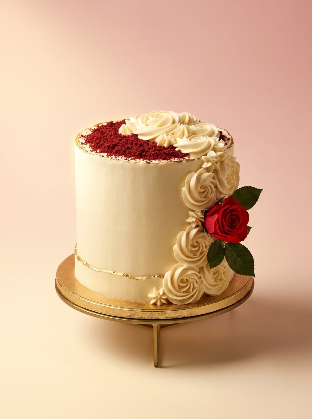 Sahara Bakery signature red velvet celebration cake with cream rosettes and a red rose