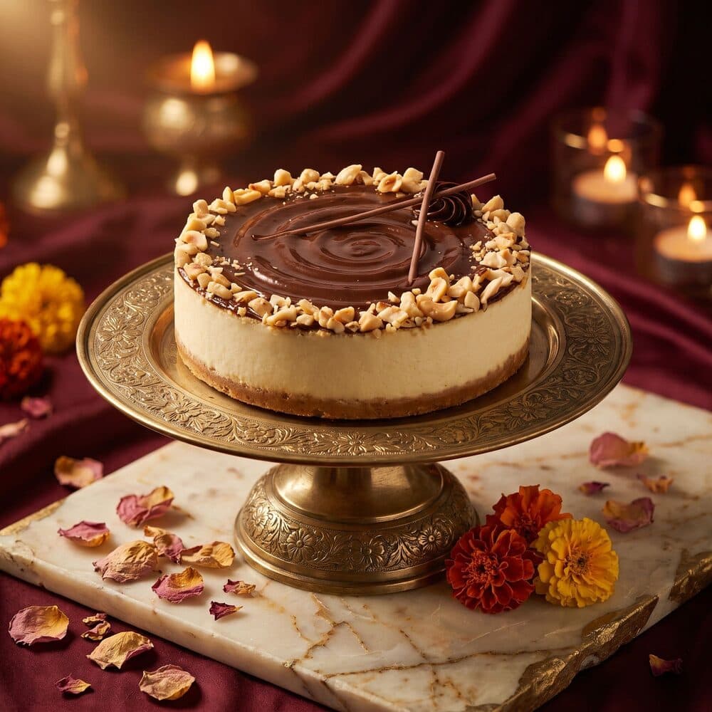 Nutella cheesecake topped with chocolate and crushed hazelnuts