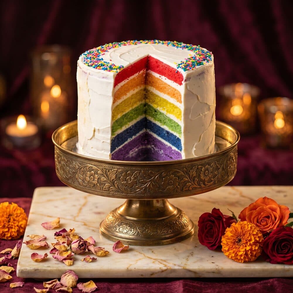 Rainbow layer cake with white frosting and colourful sprinkles