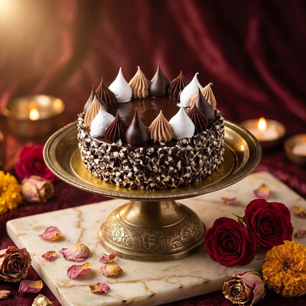 Chocolate truffle cake with ganache peaks and chocolate chips